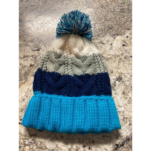 City Hunter Knit Pom Pom Beanie Hat Blue Grey White Winter Ski Snowboard Y2K - Picture 7 of 8